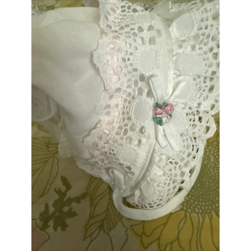 Eyelet Lace White Cotton Baby Bonnet Hook & Loop Chin Strap